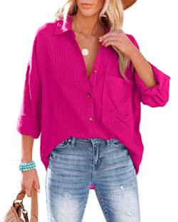 NONSAR Bluse Damen Lässiges Hemd mit V-Ausschnitt 100% Baumwolle Lockere Passform Solide Dickes Oberteil Elegant mit Tasche(9353L,Rosarot) von NONSAR