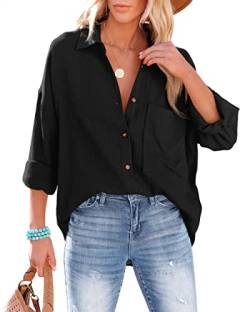 NONSAR Bluse Damen Lässiges Hemd mit V-Ausschnitt 100% Baumwolle Lockere Passform Solide Dickes Oberteil Elegant mit Tasche(9353L,Schwarz) von NONSAR