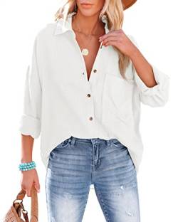 NONSAR Bluse Damen Lässiges Hemd mit V-Ausschnitt 100% Baumwolle Lockere Passform Solide Dickes Oberteil Elegant mit Tasche(9353XL,Weiß) von NONSAR