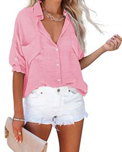 NONSAR Bluse Damen mit V-Ausschnitt, lockere Langarmhemden mit Brusttaschen und aufrollbaren Ärmeln lässige Oberteile (9350L, Hell-Pink) von NONSAR