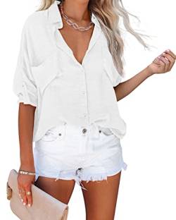 NONSAR Bluse Damen mit V-Ausschnitt, lockere Langarmhemden mit Brusttaschen und aufrollbaren Ärmeln lässige Oberteile (9350L, Weiß) von NONSAR