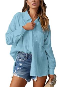 NONSAR Damen Bluse Elegant V-Ausschnitt Hemd Bluse Langarm Causal Lässige Hemden Fahion Oberteile Tunika Elegant Tops mit Tasche(9360S,Hellblau) von NONSAR