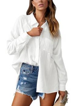 NONSAR Damen Bluse Elegant V-Ausschnitt Hemd Bluse Langarm Causal Lässige Hemden Fahion Oberteile Tunika Elegant Tops mit Tasche(9360XXL,Weiß) von NONSAR