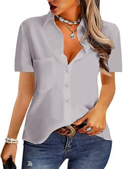 NONSAR Damen Bluse Elegant V-Ausschnitt Hemden Kurzarm Casual Arbeit Oberteile mit Knöpfen Hemd Lose Kurzarmshirt Einfarbig Tops (9349S, Grau) von NONSAR