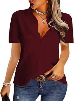 NONSAR Damen Bluse Elegant V-Ausschnitt Hemden Kurzarm Casual Arbeit Oberteile mit Knöpfen Hemd Lose Kurzarmshirt Einfarbig Tops (9349S, Weinrot) von NONSAR