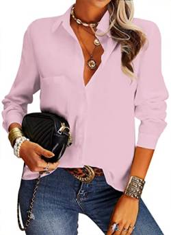 NONSAR Damen Bluse Elegant V-Ausschnitt Hemden Langarm Casual Arbeit Oberteile mit Knöpfen Hemd Lose Langarmshirt Einfarbig Tops(9337XL,Rosa) von NONSAR