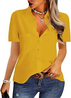 NONSAR Damen Bluse Elegant V-Ausschnitt Hemden Langarm Casual Arbeit Oberteile mit Knöpfen Hemd Lose Langarmshirt Einfarbig Tops (9349S, Gelb-Kurzarm) von NONSAR