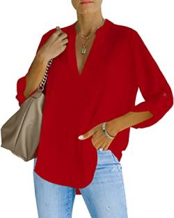NONSAR Damen Bluse Elegant V-Ausschnitt Henley Hemdbluse Aufrollbaren Ärmeln Locker Blusen(9351L,Rot) von NONSAR
