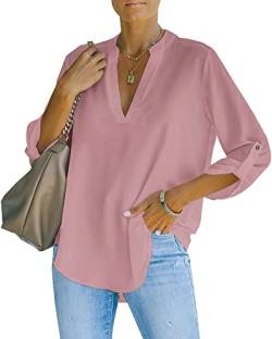 NONSAR Damen Bluse Elegant V-Ausschnitt Henley Hemdbluse Aufrollbaren Ärmeln Locker Blusen(9351M,Rosa) von NONSAR