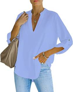 NONSAR Damen Bluse Elegant V-Ausschnitt Henley Hemdbluse Aufrollbaren Ärmeln Locker Blusen(9351XL,Hellblau) von NONSAR