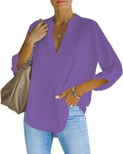 NONSAR Damen Bluse Elegant V-Ausschnitt Henley Hemdbluse Aufrollbaren Ärmeln Locker Blusen Lange Ärmel (9351L,Violett) von NONSAR