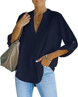 NONSAR Damen Bluse Elegant V-Ausschnitt Henley Hemdbluse Aufrollbaren Ärmeln Locker Blusen Lange Ärmel (9351S,Dunkelblau) von NONSAR