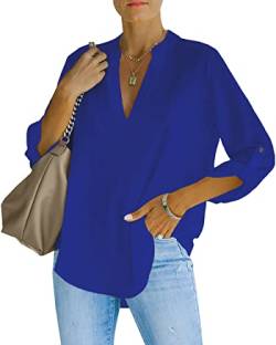 NONSAR Damen Bluse Elegant V-Ausschnitt Henley Hemdbluse Aufrollbaren Ärmeln Locker Blusen Lange Ärmel (9351S,Königsblau) von NONSAR