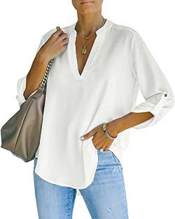 NONSAR Damen Bluse Elegant V-Ausschnitt Henley Hemdbluse Aufrollbaren Ärmeln Locker Blusen Lange Ärmel (9351S,Weiß) von NONSAR