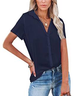 NONSAR Damen Bluse V-Ausschnitt Hemden Elegant Casual Arbeit Oberteile mit Knöpfen Tops Kurzarm(9342M,Dunkelblau) von NONSAR