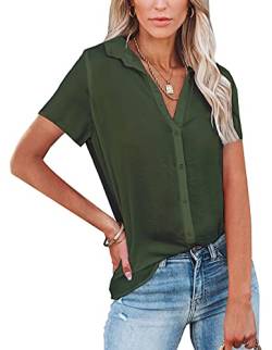 NONSAR Damen Bluse V-Ausschnitt Hemden Elegant Casual Arbeit Oberteile mit Knöpfen Tops Kurzarm(9342M,Dunkelgrün) von NONSAR