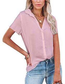 NONSAR Damen Bluse V-Ausschnitt Hemden Elegant Casual Arbeit Oberteile mit Knöpfen Tops Kurzarm(9342XL,Rosa) von NONSAR