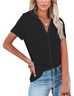 NONSAR Damen Bluse V-Ausschnitt Hemden Elegant Casual Arbeit Oberteile mit Knöpfen Tops Kurzarm(9342XXL,Schwarz) von NONSAR