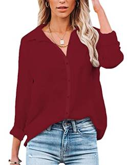 NONSAR Damen Bluse V-Ausschnitt Hemden Elegant Langarm Casual Arbeit Oberteile mit Knöpfen Tops Langarmshirt (Large, Dunkelrot) von NONSAR