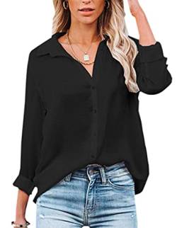 NONSAR Damen Bluse V-Ausschnitt Hemden Elegant Langarm Casual Arbeit Oberteile mit Knöpfen Tops Langarmshirt (M, Shwarz) von NONSAR