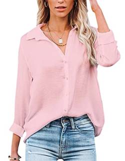 NONSAR Damen Bluse V-Ausschnitt Hemden Elegant Langarm Casual Arbeit Oberteile mit Knöpfen Tops Langarmshirt (S, Rosa) von NONSAR