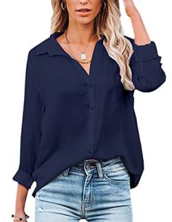 NONSAR Damen Bluse V-Ausschnitt Hemden Elegant Langarm Casual Arbeit Oberteile mit Knöpfen Tops Langarmshirt (XXL, Dunkelblau) von NONSAR