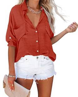 NONSAR Damen Bluse mit V-Ausschnitt Lockere Hemdbluse Langarm Hemden Aufrollbaren Ärmeln Lässige Blusen Oberteile (9350S, Orange) von NONSAR