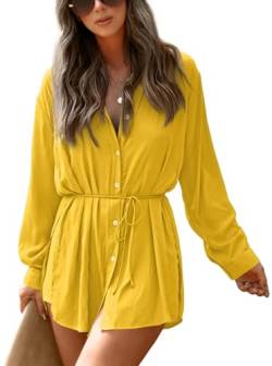 NONSAR Damen Longbluse mit V-ausschnitt Blusen Langarm Shirt Zweiteiler Sommer Elegant Einfarbig Bluse+Shorts 2 Teiler Set(9361L,Gelb) von NONSAR