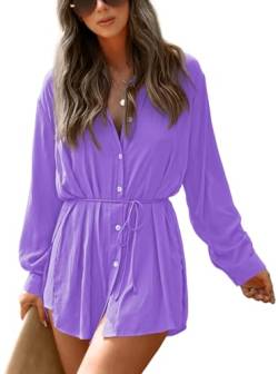 NONSAR Damen Longbluse mit V-ausschnitt Blusen Langarm Shirt Zweiteiler Sommer Elegant Einfarbig Bluse+Shorts 2 Teiler Set(9361L,Violett) von NONSAR