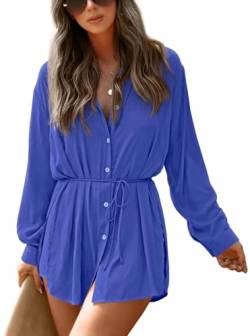NONSAR Damen Longbluse mit V-ausschnitt Blusen Langarm Shirt Zweiteiler Sommer Elegant Einfarbig Bluse+Shorts 2 Teiler Set(9361XL,Königsblau) von NONSAR