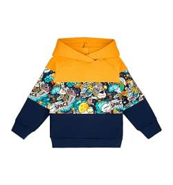 NONU Kids Sweatshirt Dreifarbig mit Kapuze 95% Baumwolle 5% Elasthan Bequem Unisex Viele Größen Weich Atmungsaktiv Kapuzenpullover für Jungen Marineblau Gelb 86 von NONU Kids