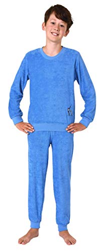 Cooler Jungen Frottee Pyjama Langarm Schlafanzug mit Bündchen - 62103, Farbe:blau, Größe:140 von NORMANN-Wäschefabrik