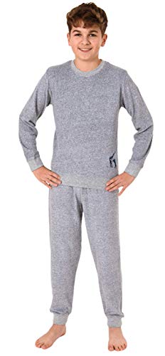 Cooler Jungen Frottee Pyjama Langarm Schlafanzug mit Bündchen - 62103, Farbe:grau, Größe:128 von NORMANN-Wäschefabrik