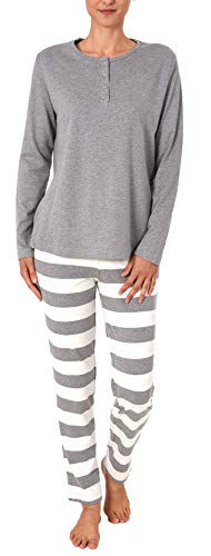 Damen Pyjama Schlafanzug mit gestreifter Hose - Kuschel Interlock - auch in Übergrössen, Farbe:grau-Melange, Größe2:48/50 von NORMANN-Wäschefabrik