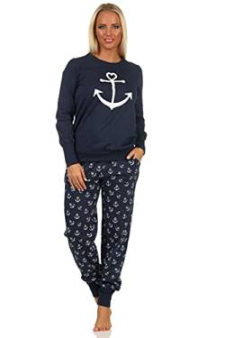 Damen Schlafanzug Pyjama mit Bündchen in maritimer Optik mit Anker als Motiv -212 90 910, Farbe:Marine, Größe:40-42 von NORMANN-Wäschefabrik