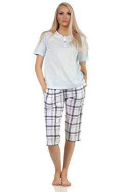 Edler Damen Capri Schlafanzug Pyjama Kurzarm mit Karierter Hose aus Jersey - 112 90 445, Farbe:hellblau, Größe:40-42 von NORMANN-Wäschefabrik