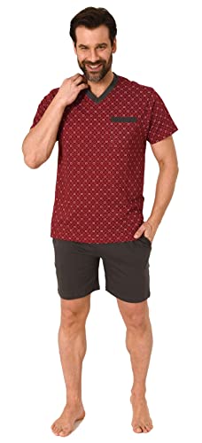 Herren Schlafanzug Kurzarm Pyjama Shorty in eleganten Minimalprint mit V-Hals - 212 544, Farbe:rot, Größe:52 von NORMANN-Wäschefabrik