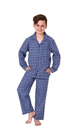 Jungen Flanell Pyjama Langarm Schlafanzug in Karo Optik mit Knopfleiste - 222 501 15 851, Farbe:blau, Größe:128 von NORMANN-Wäschefabrik