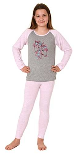 Mädchen Schlafanzug Langarm, Pyjama mit süßem Pferde-Motiv - 112 401 10 701, Farbe:grau, Größe:152 von NORMANN-Wäschefabrik