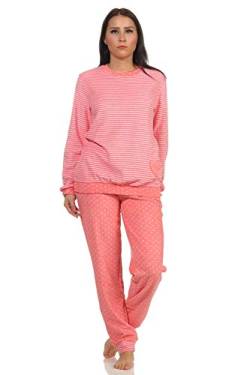NORMANN-Wäschefabrik Damen Frottee Pyjama mit Bündchen in Herz-Tupfen Streifenoptik - auch in Übergrössen, Farbe:Ringel Lachs, Größe:36-38 von NORMANN-Wäschefabrik