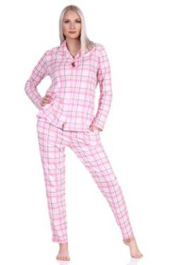 NORMANN-Wäschefabrik Damen Pyjama aus Single Jersey zum durchknöpfen in Karo Optik - auch in Übergrössen, Farbe:rosa, Größe:56-58 von NORMANN-Wäschefabrik