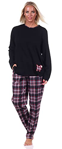 NORMANN-Wäschefabrik Damen Pyjama lang mit Karohose und süssen Tiermotiv - auch in Übergrössen - 212 201 90 820, Farbe:schwarz, Größe:36-38 von NORMANN-Wäschefabrik