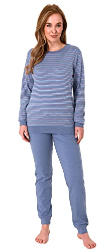 NORMANN-Wäschefabrik Kuscheliger Interlock Damen Pyjama Schlafanzug mit Bündchen in Streifenoptik - 212 201 225, Farbe:blau, Größe:44-46 von NORMANN-Wäschefabrik