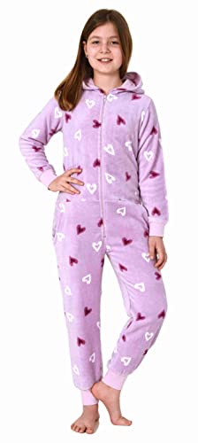 NORMANN-Wäschefabrik Mädchen Jumpsuit Overall Schlafanzug Pyjama Langarm in toller Herz Optik - 202 467 97 954, Farbe:Flieder, Größe:140 von NORMANN-Wäschefabrik