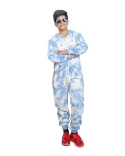 Kinder Mädchen Jungen Fleece Alles in einem Tie Dye Overall Onesie mit Kapuze Jumpsuit Schlafanzüge (7-8 Jahre, Blau) von NOROZE