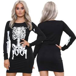 NOROZE Damen Frauen Halloween Skelett Schädel Knochen Rot Blut Herz Bodycon Kostüm Neuheit Party Kleid(44-48, Schwarz Skelett) von NOROZE