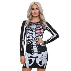 NOROZE Damen Frauen Halloween Skelett Schädel Knochen Rot Blut Herz Bodycon Kostüm Neuheit Party Kleid (44/46, Rot Blut Skelett) von NOROZE