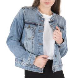 NOROZE Damen Kragenlos Jeansjacke Lange Ärmel Gewaschener Denim Biker Motorradfahrer Stil Jacke (36, Hellblau) von NOROZE