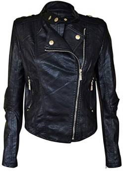 NOROZE Damen Kunstleder Gold Knopf Reißverschluss Bikerjacke Bauchfreies Jacke (38, Schwarz) von NOROZE