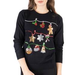 NOROZE Damen Weihnachten Oberteil Sweatshirts Paillette Bimmeln Glocken Hohoho Mops Frau Claus Xmas Pullover (36, Schwarz) von NOROZE